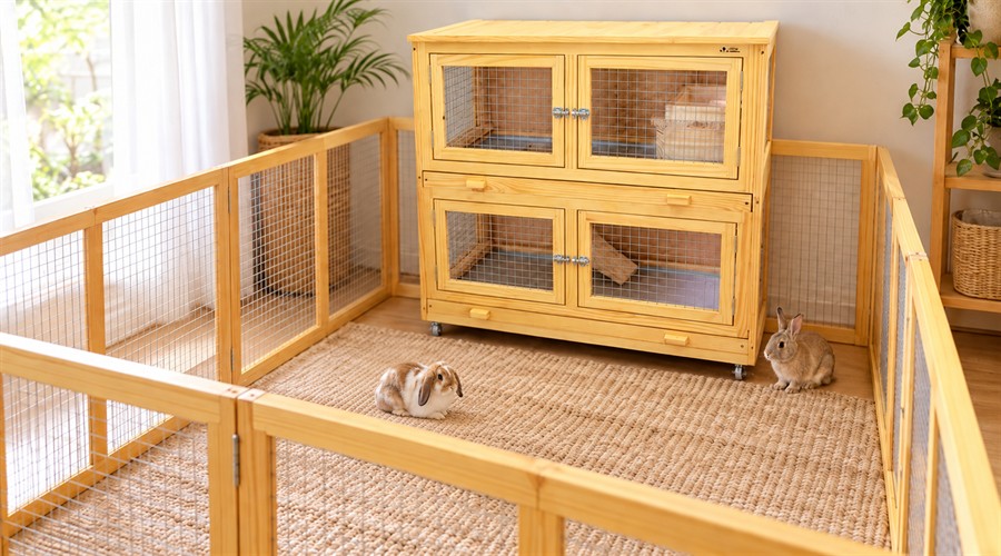 Coelhos em escala menor ao lado do Lar Dois Andares Telado de madeira clara e de um cercado para coelhos.
