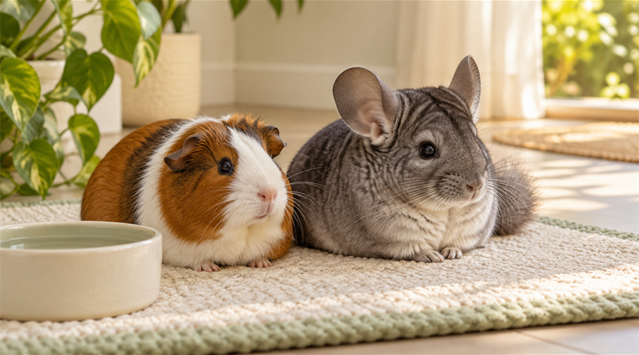 Porquinho-da-índia e chinchila descansando em ambiente interno arejado.
